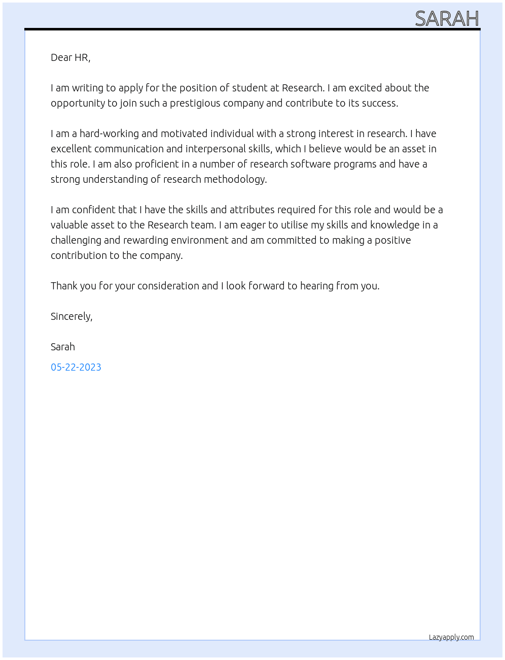 student At research  Cover Letter