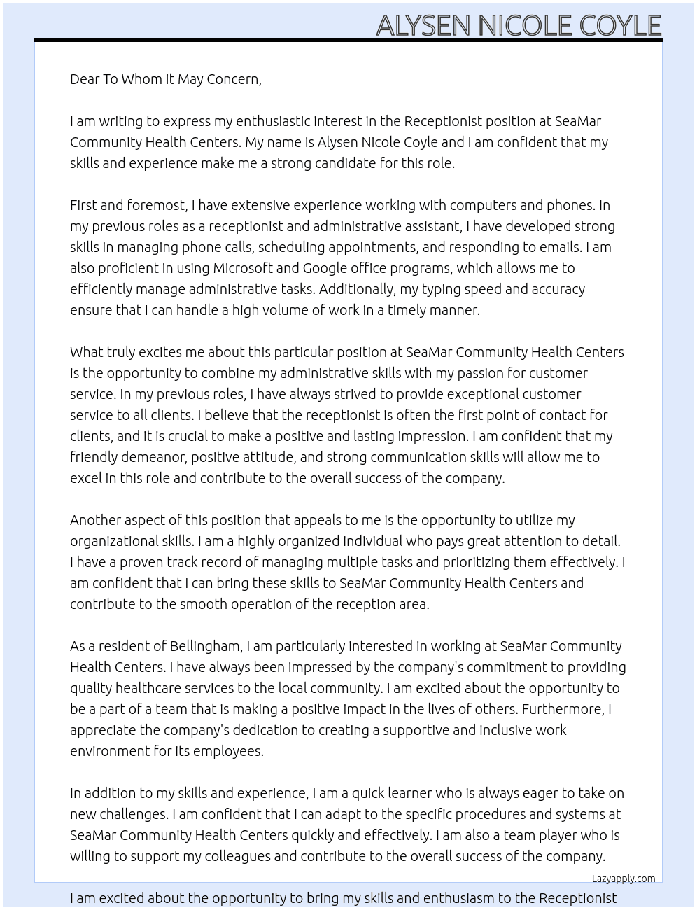 Receptionist  At SeaMar Comunity Health Centers Cover Letter