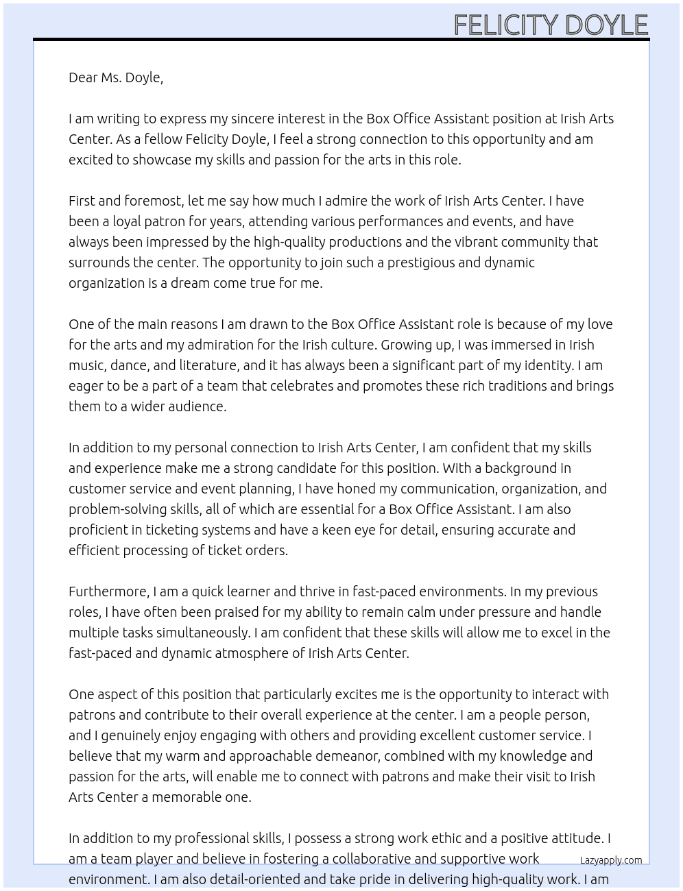 Box Office Assistant At Irish Arts CEnter Cover Letter