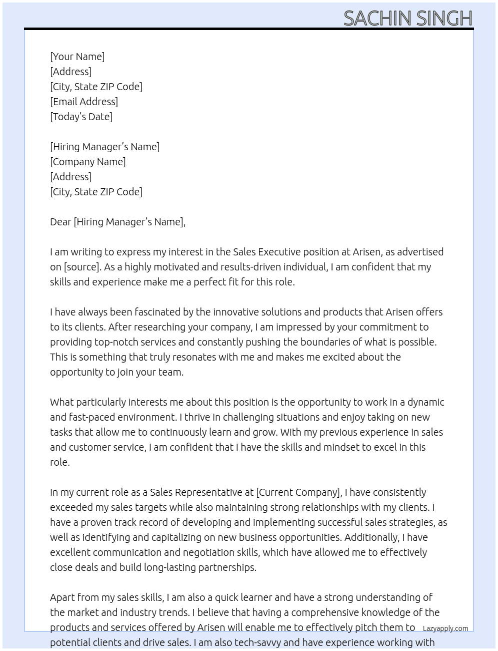 Sales executive  At Arisen  Cover Letter