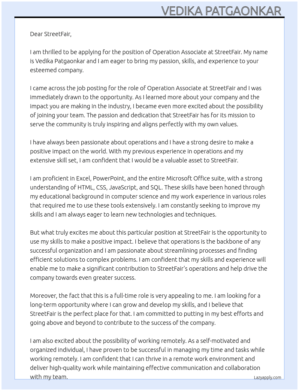 Operation associate  At StreetFair Cover Letter