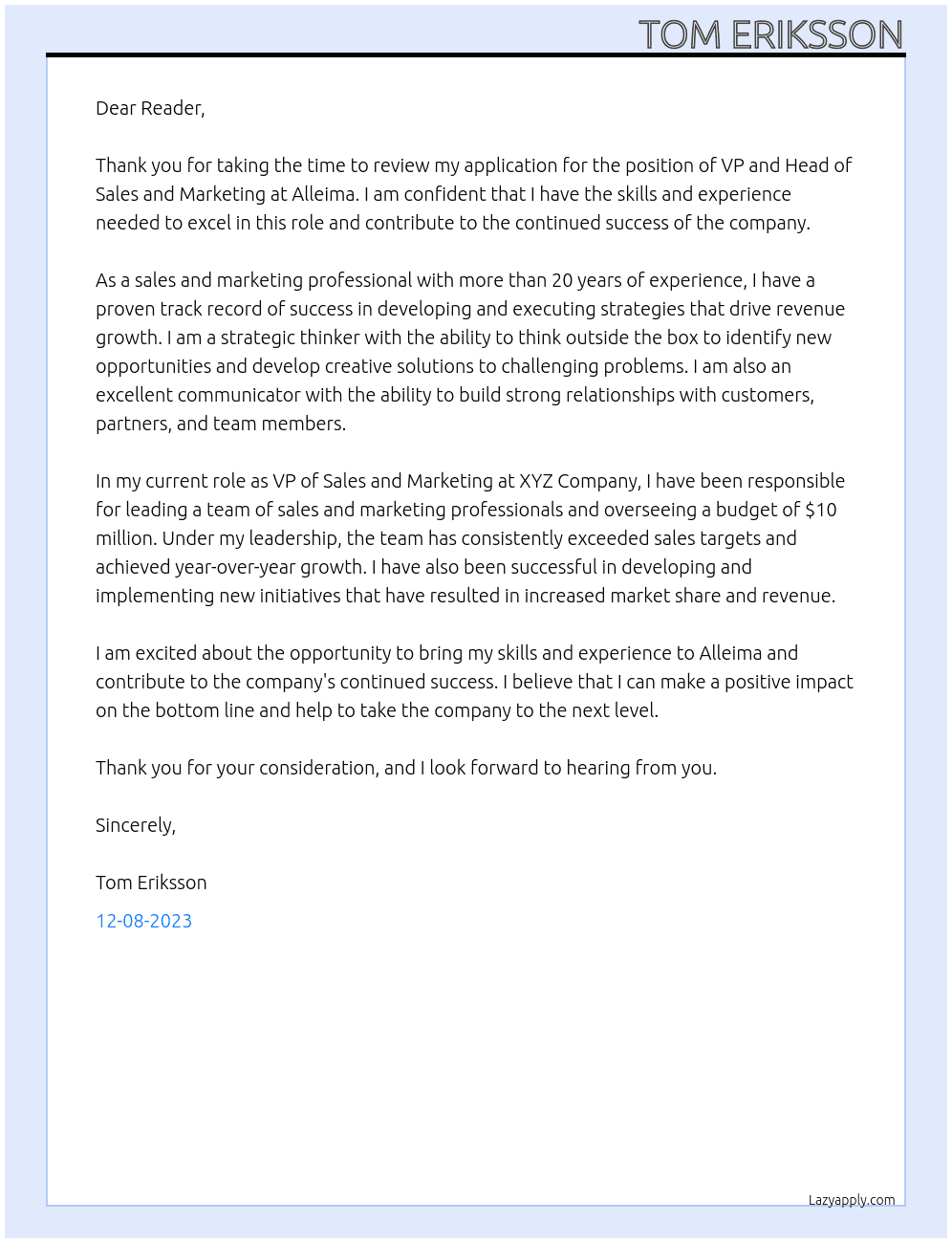 VP and Head of Sales and Marketing At Alleima Cover Letter