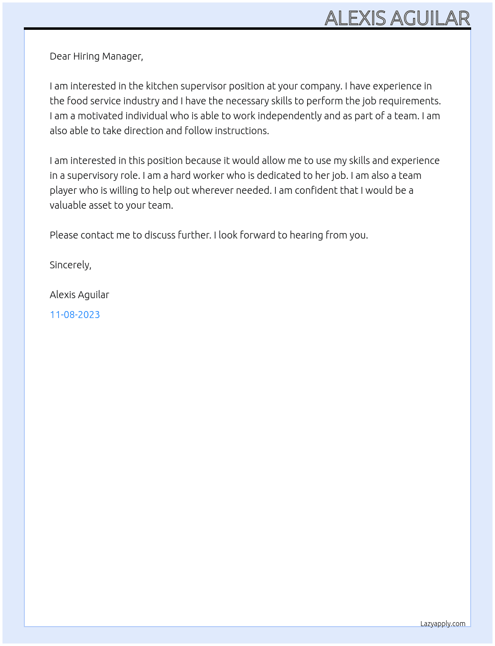 kitchen supervisor At Kitchen supervisor Cover Letter