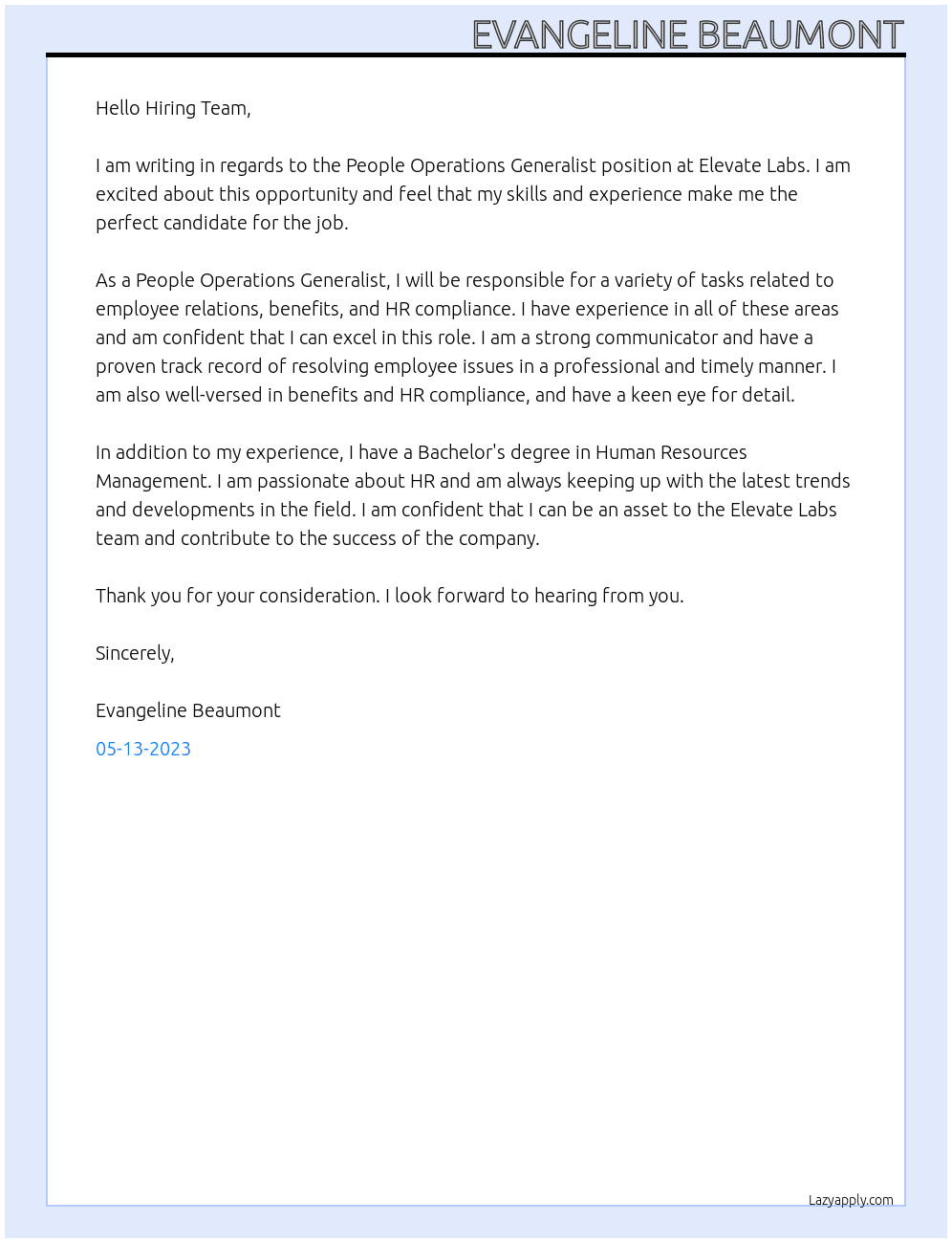 People Operations Generalist At Elevate Labs Cover Letter