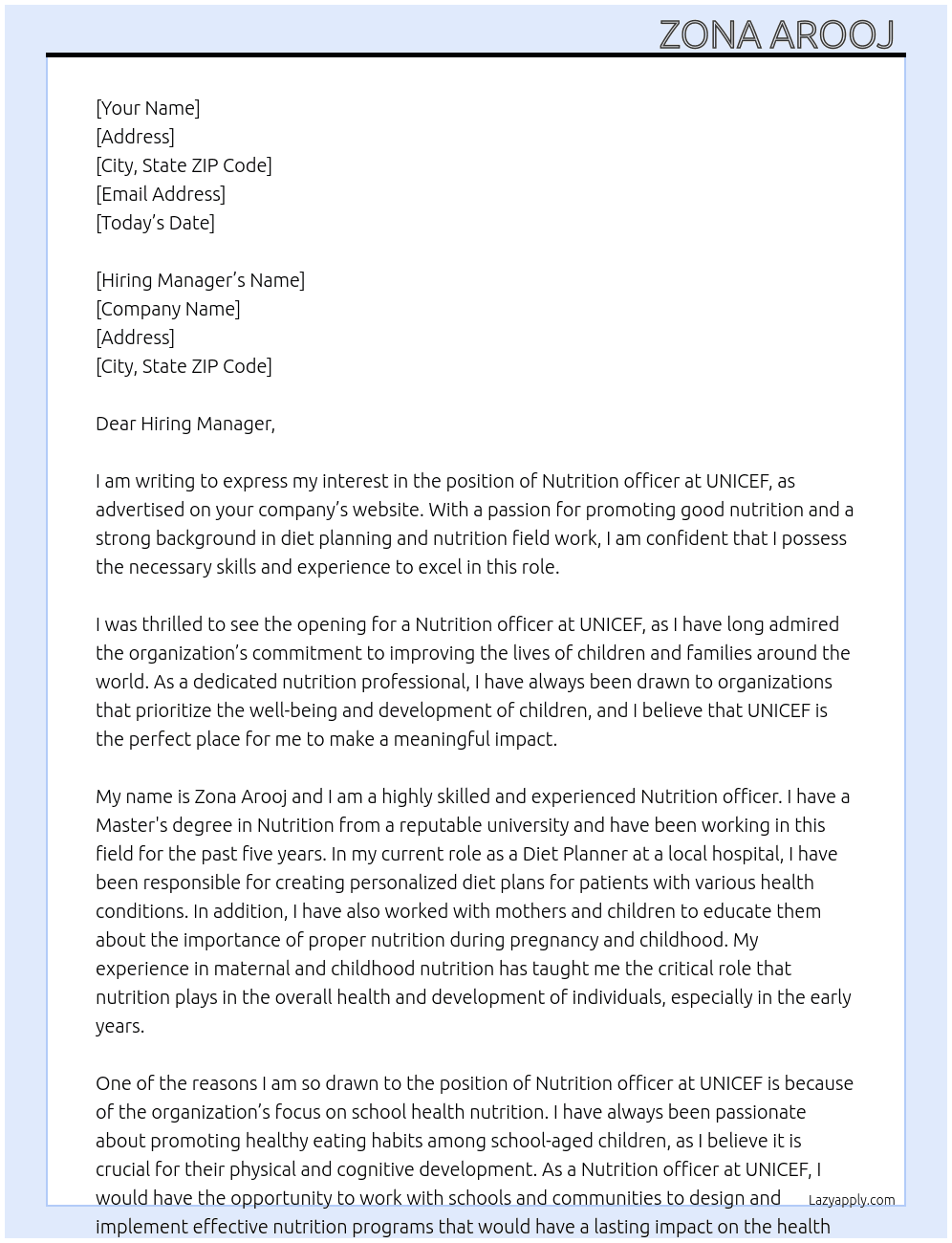 Nutrition officer  At UNICEF  Cover Letter