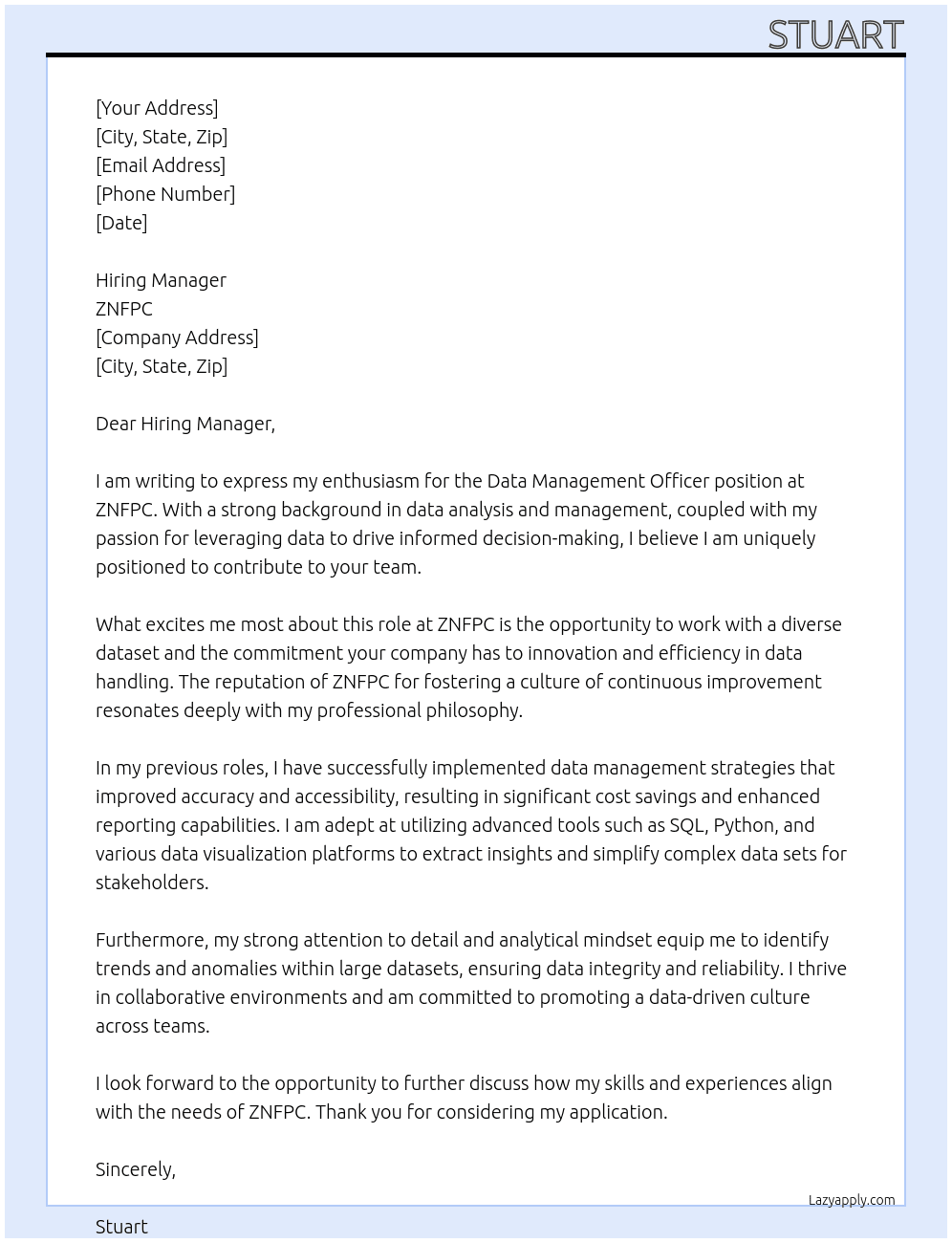 Cover letter for data management officer - LazyApply