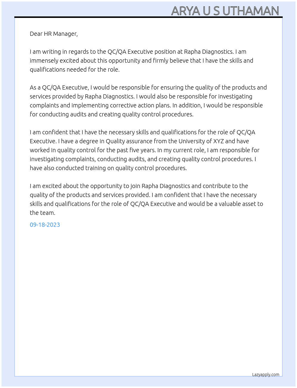 QC/QA Executive  At Rapha Diagnostics Cover Letter