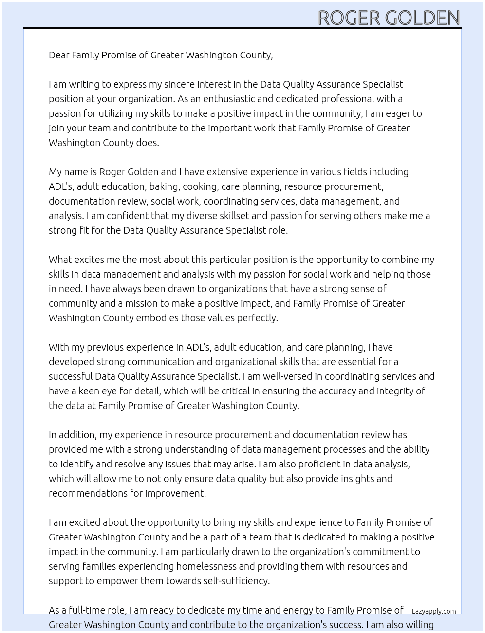 Data Quality Assurance Specialist At Family Promise of Greater Washington County Cover Letter