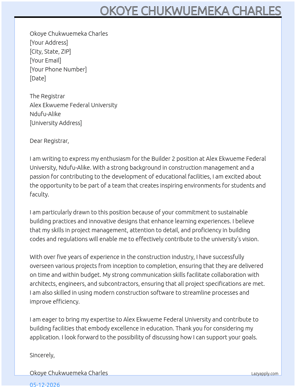 builder 2 At Alex ekwueme federal university, ndufu-alike Cover Letter