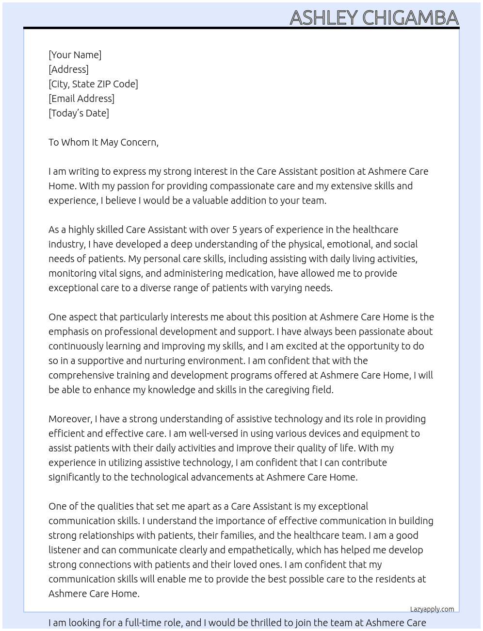 Care assistant At Ashmere Care Home Cover Letter