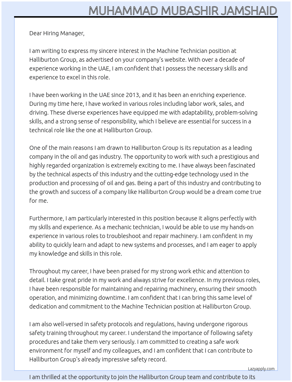 Cover letter for mechanic technician - LazyApply