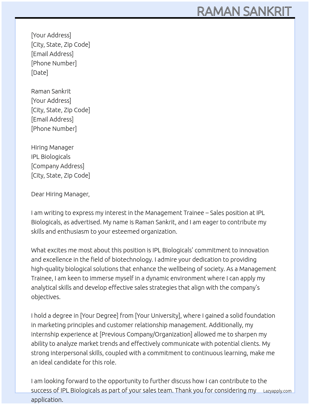Management trainee sales At IPL biologicals Cover Letter
