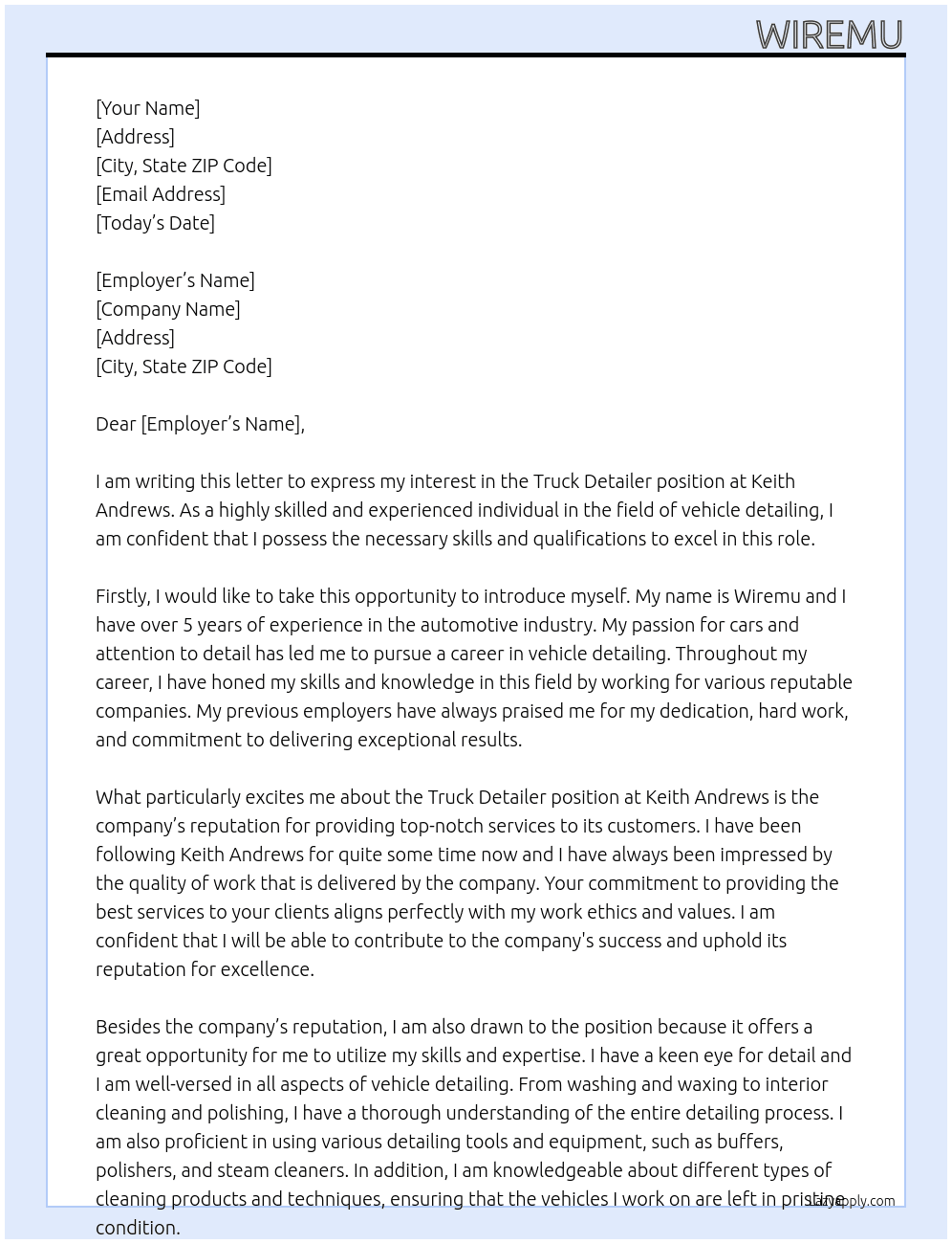 Truck detailer At keith andrews Cover Letter