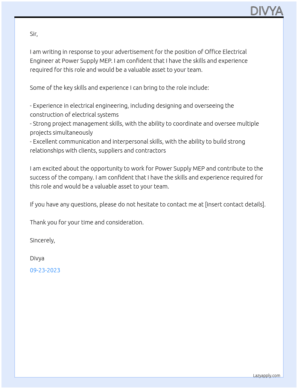 OFFICE ELECTRICAL ENGINEER At POWER SUPPLY MEP Cover Letter