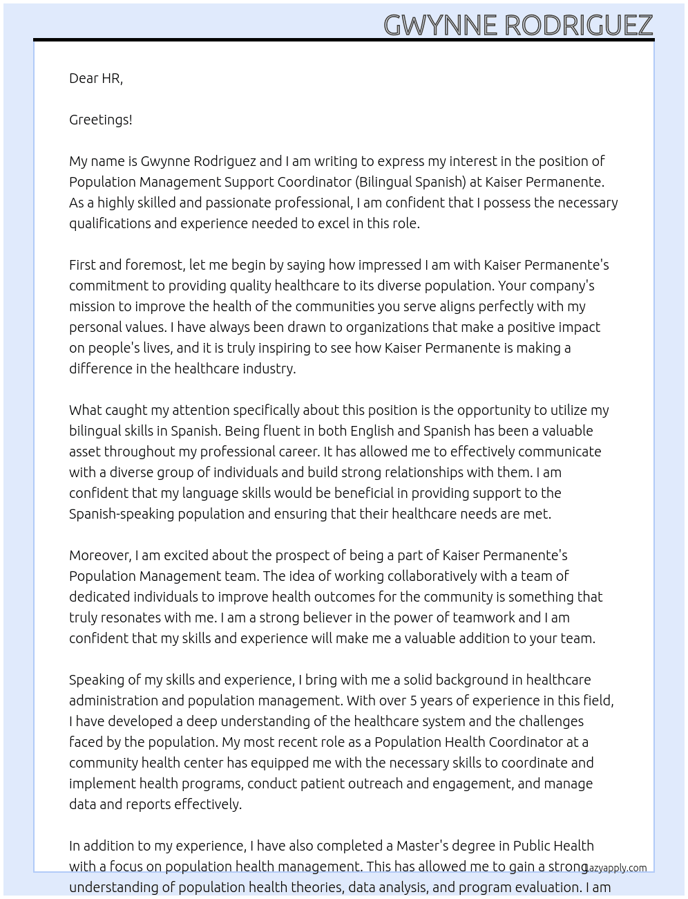  Population Management Support Coordinator (Bilingual Spanish) At kaiser permanente Cover Letter