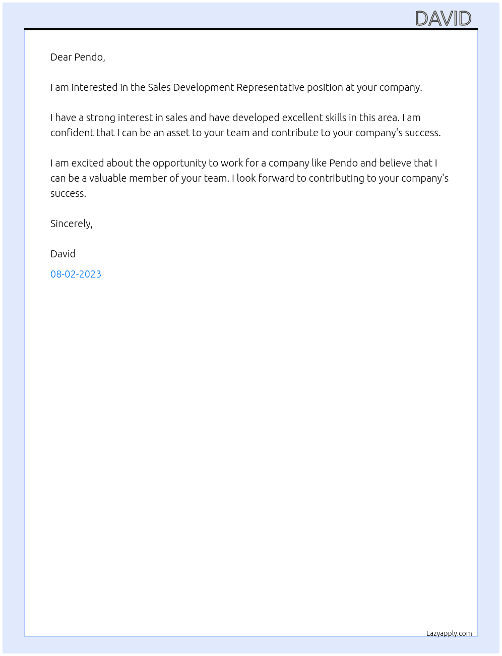 Sales development representative  At Pendo Cover Letter
