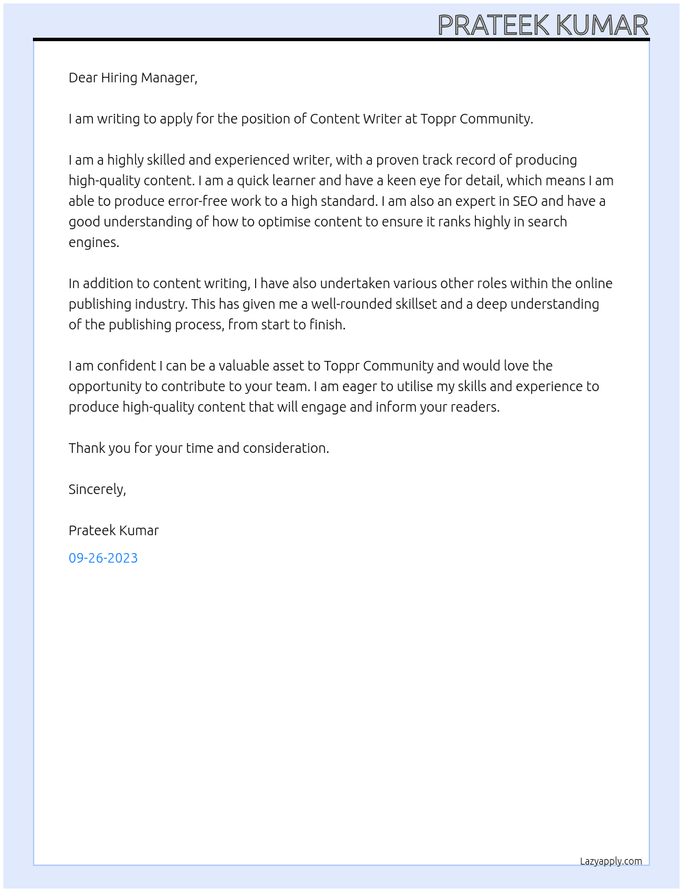 Content writer At Toppr community Cover Letter