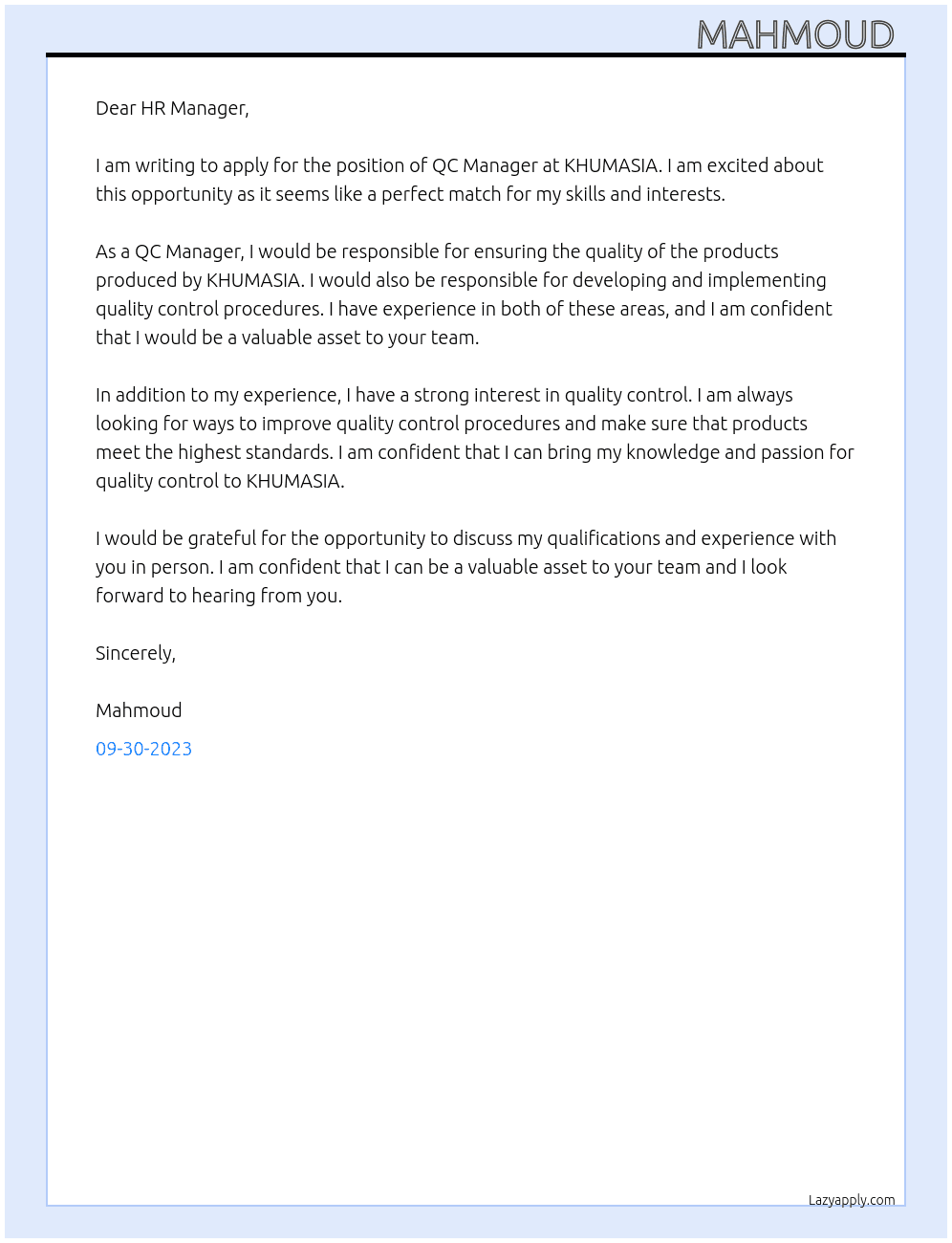 QC Manager At KHUMASIA Cover Letter