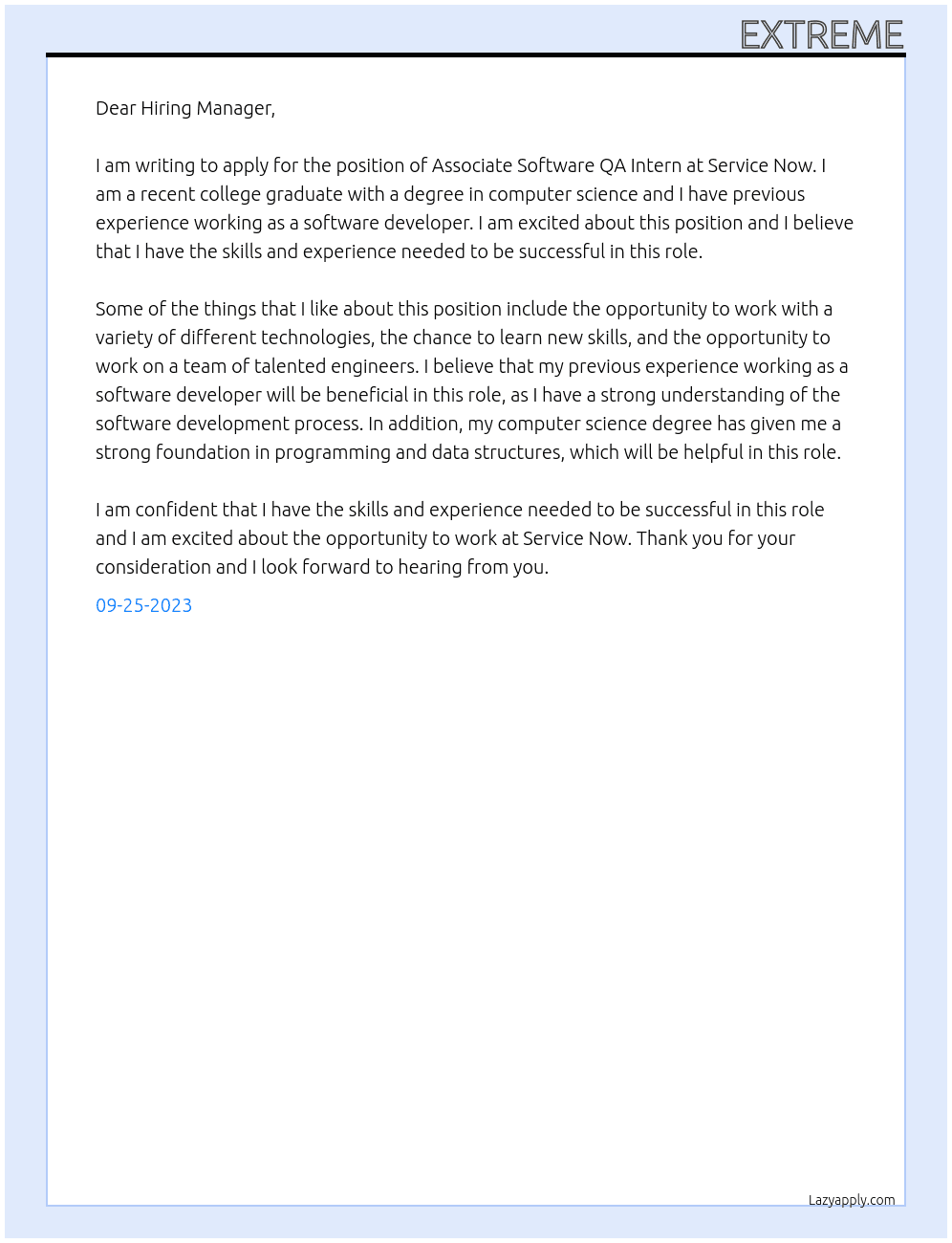 Associate Software QA Intern At Service Now Cover Letter