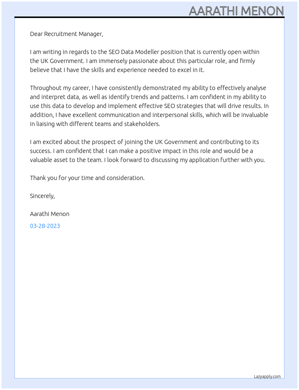 SEO Data Modeller At UK Government Cover Letter