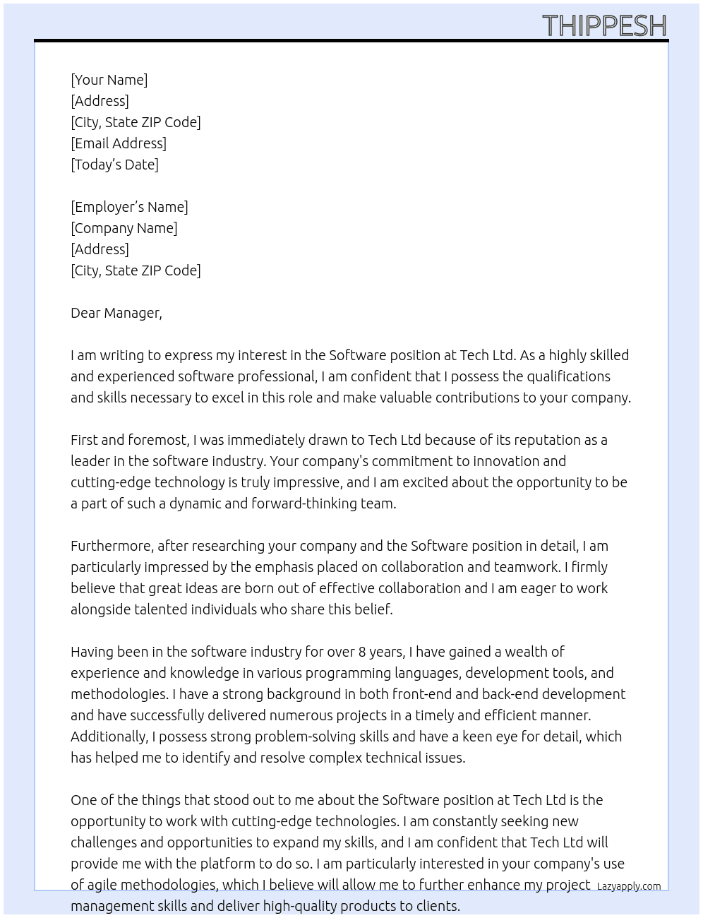 Software  At Tech ltd Cover Letter
