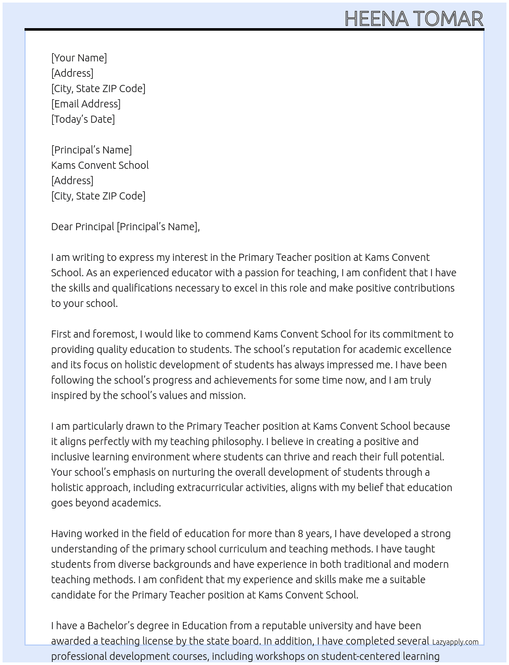 Primary Teacher At Kams Convent School Cover Letter