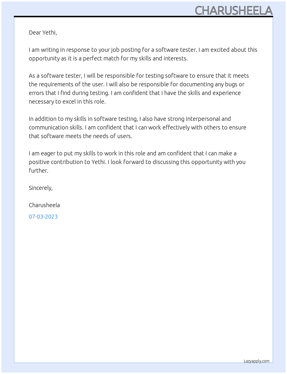 Software tester At Yethi Cover Letter
