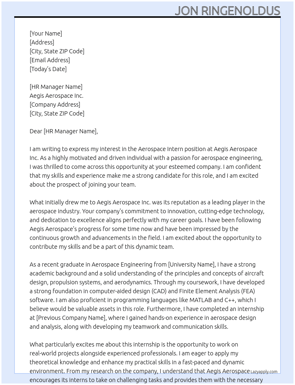 aerospace intern At Aegis Aerospace Inc Cover Letter