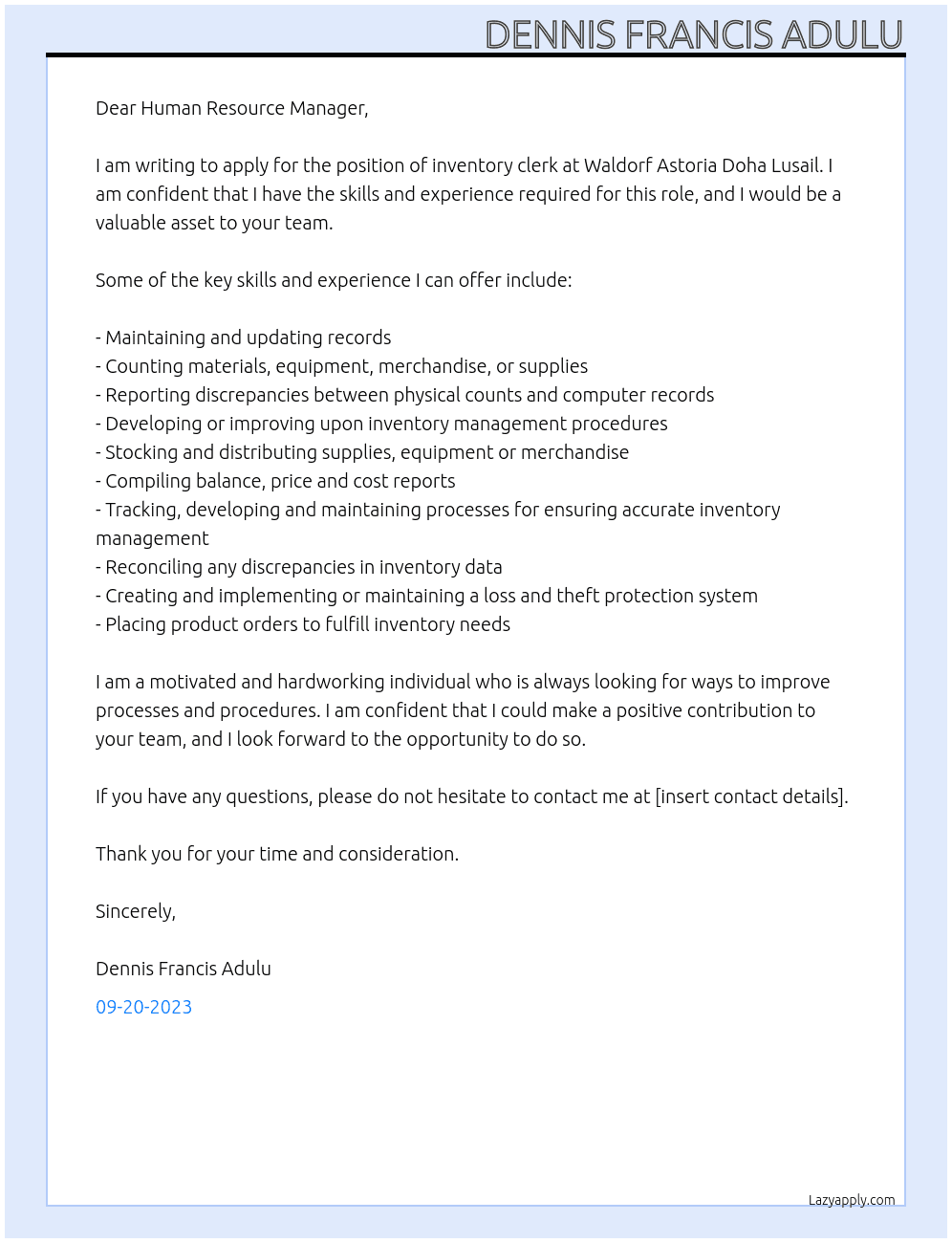 Inventory clerk At Waldorf Astoria Doha Lusail Cover Letter
