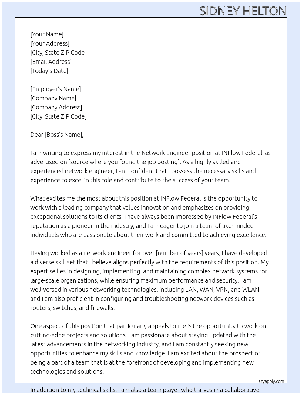 Network Engineer At INFlow Federal Cover Letter