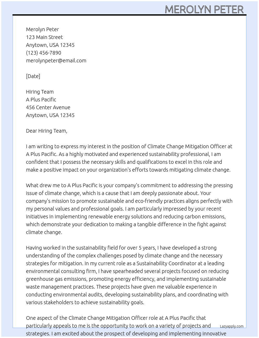 Climate change mitigation officer At A plus pacific  Cover Letter