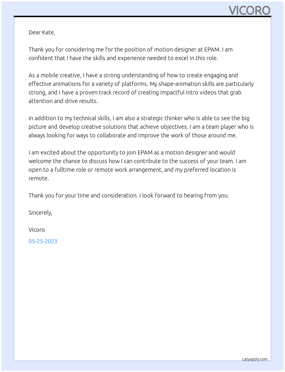 motion designer At EPAM Cover Letter
