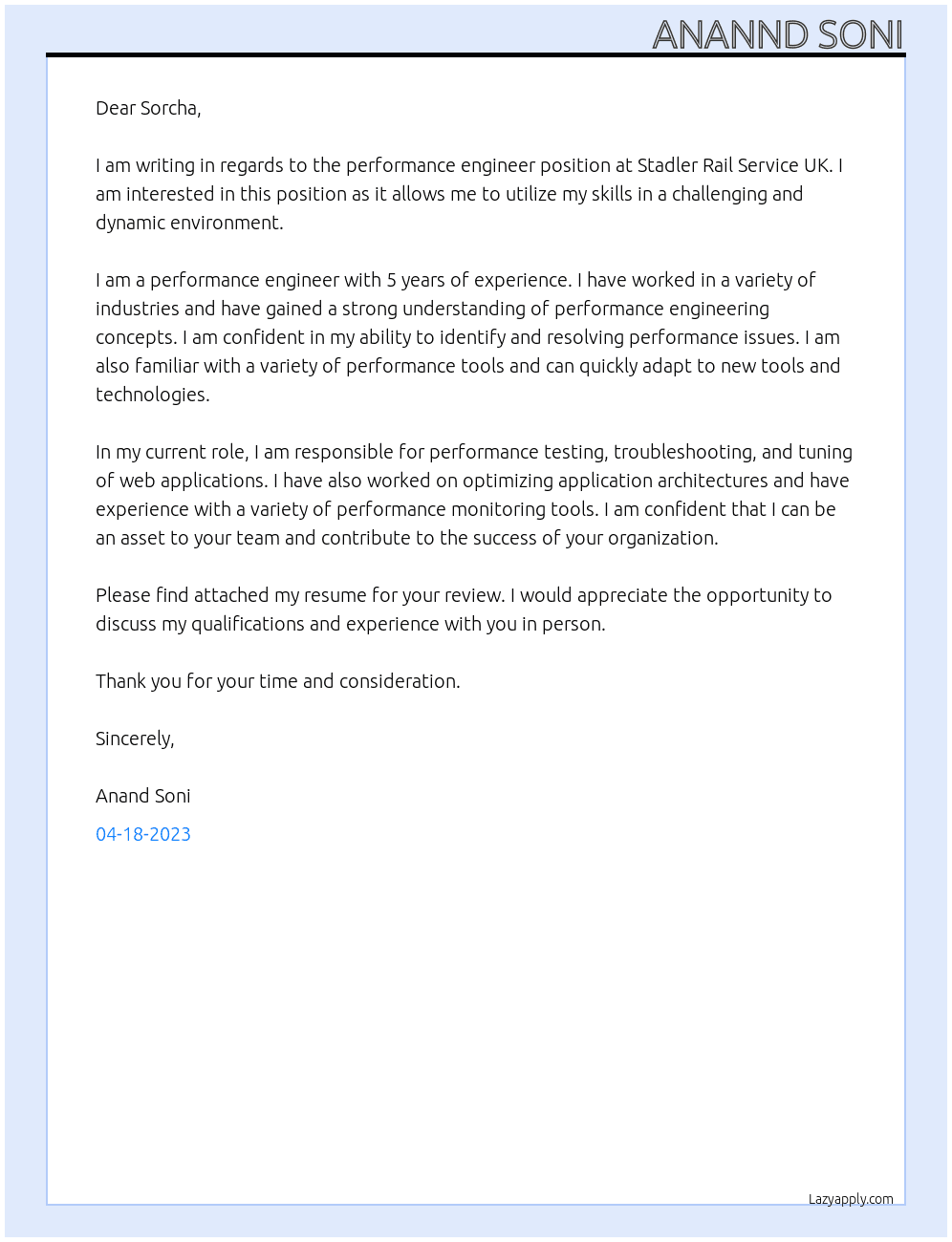 Performance Engineer At Stadler Rail Service UK Cover Letter