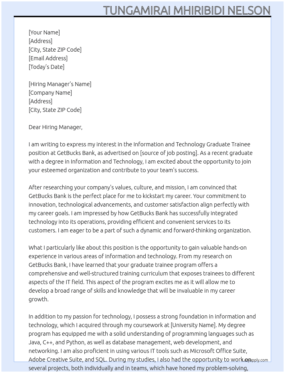 Information and Technology Graduate Trainee At GetBucks Bank Cover Letter