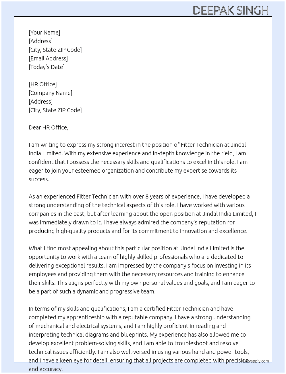 Fitter technician  At Jindal india limited  Cover Letter