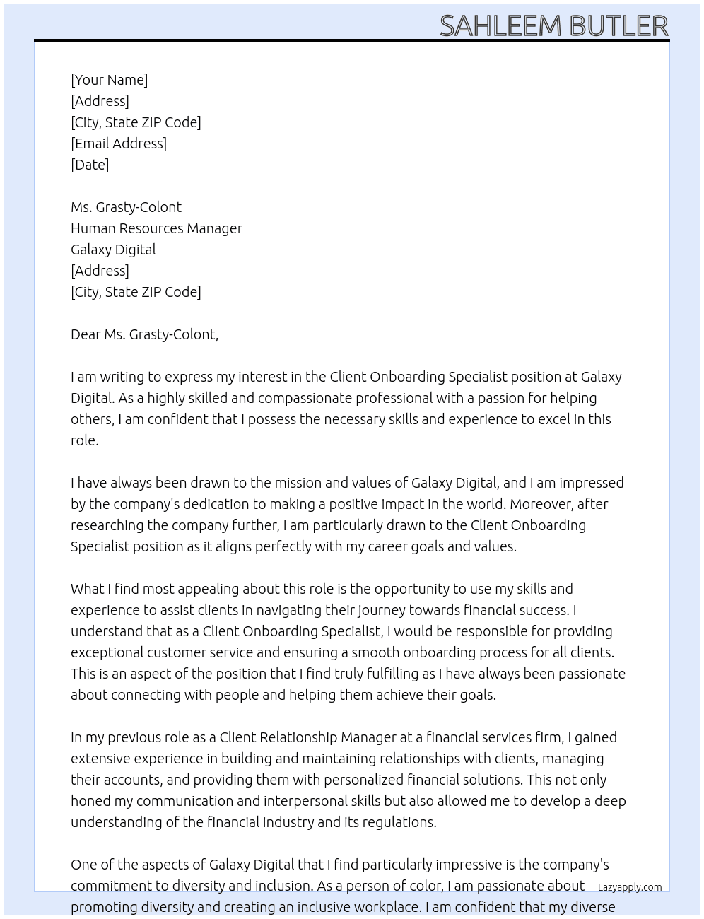 Client Onboarding Specialist  At Galaxy Digital  Cover Letter