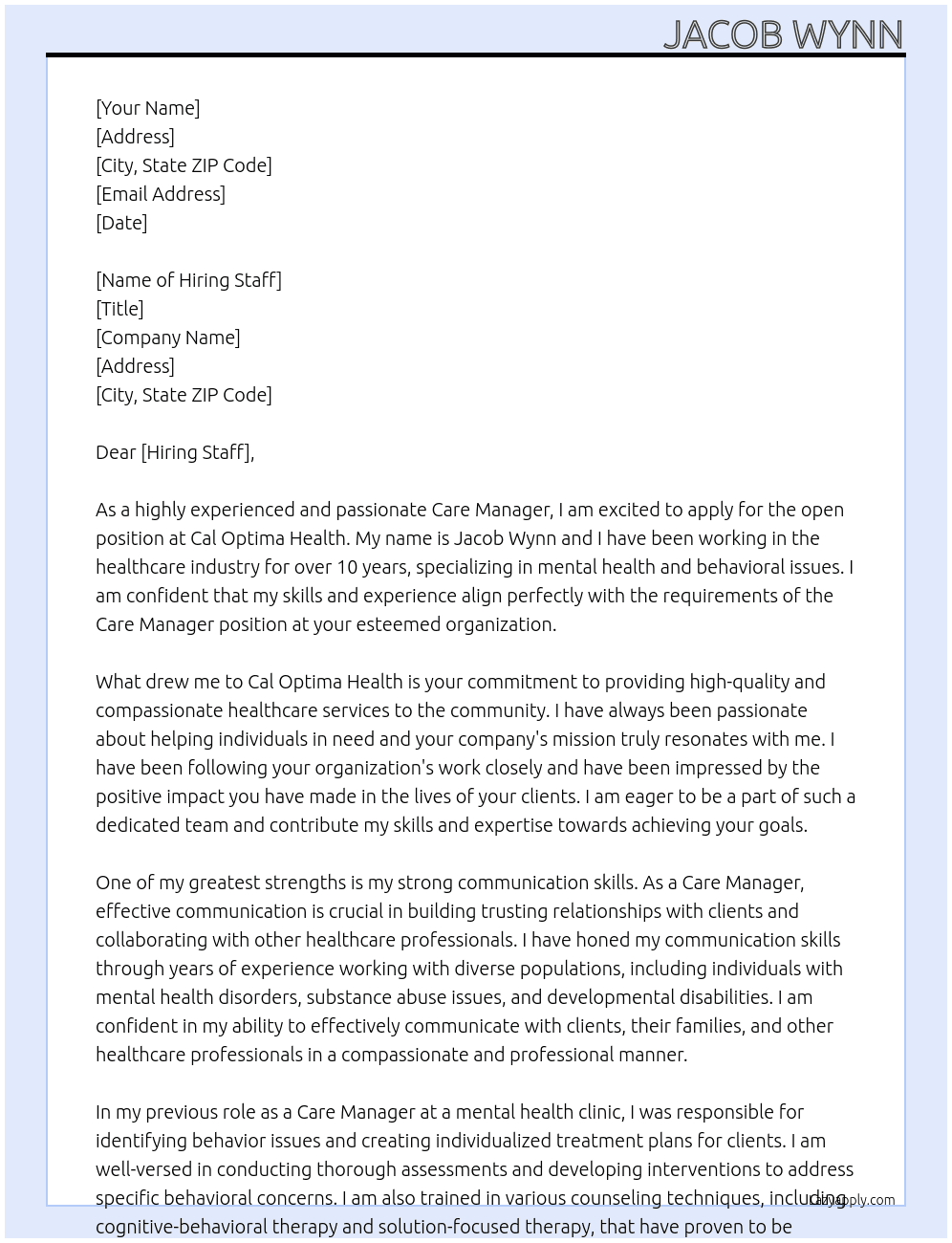 Care manager  At Cal optima health  Cover Letter