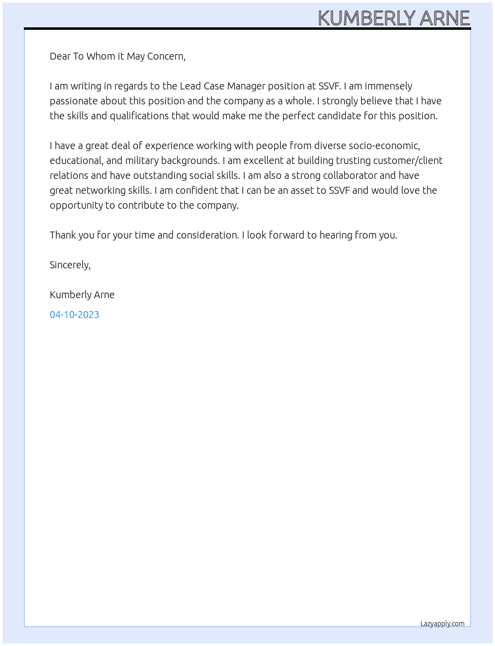 Lead Case Manager At SSVF Cover Letter