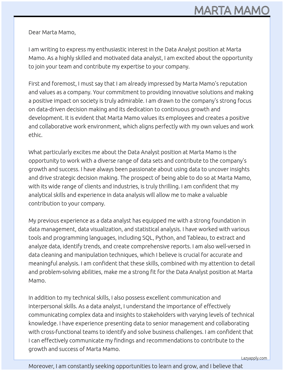 data analyst At Marta Mamo Cover Letter