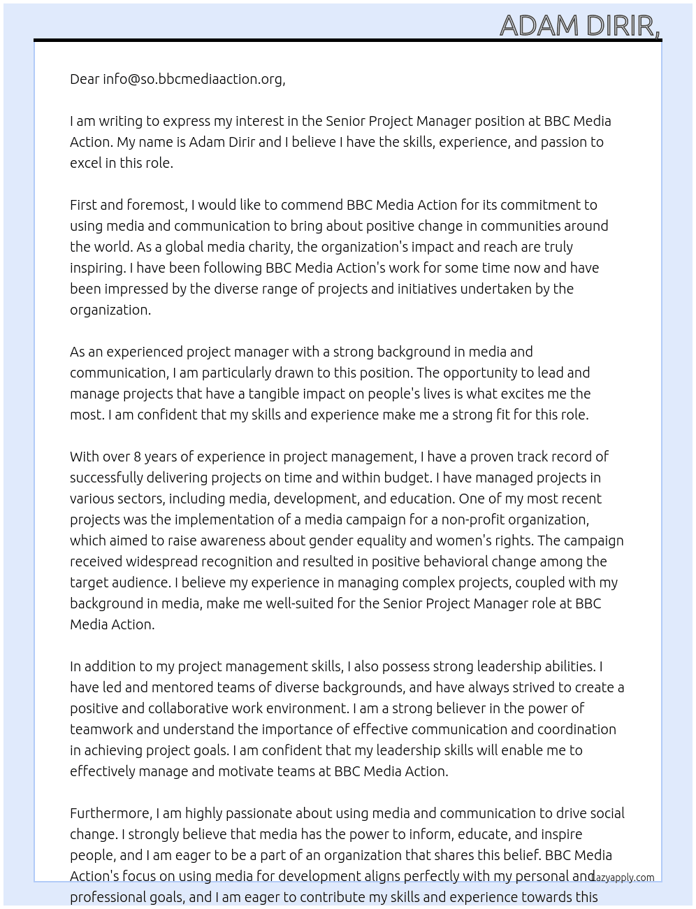 Senior Project Manager At BBC Media Action Cover Letter