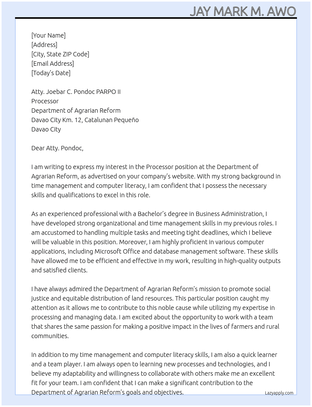 Processor At Department of Agrarian Reform Cover Letter
