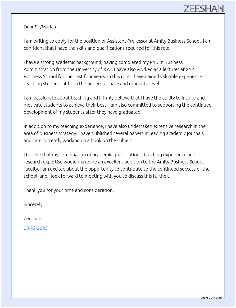 Assistant Professor At Amity Business School Cover Letter