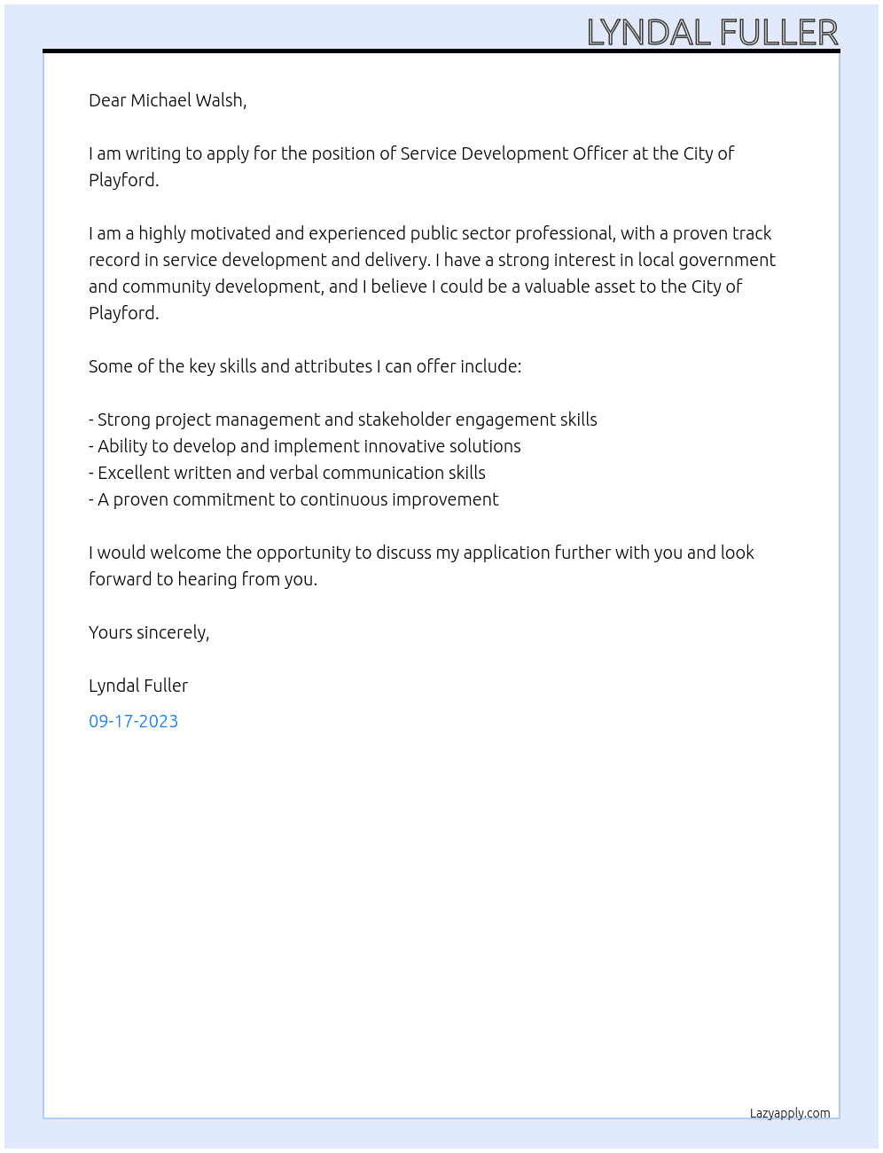 Service Development Officer At City of Playford Cover Letter