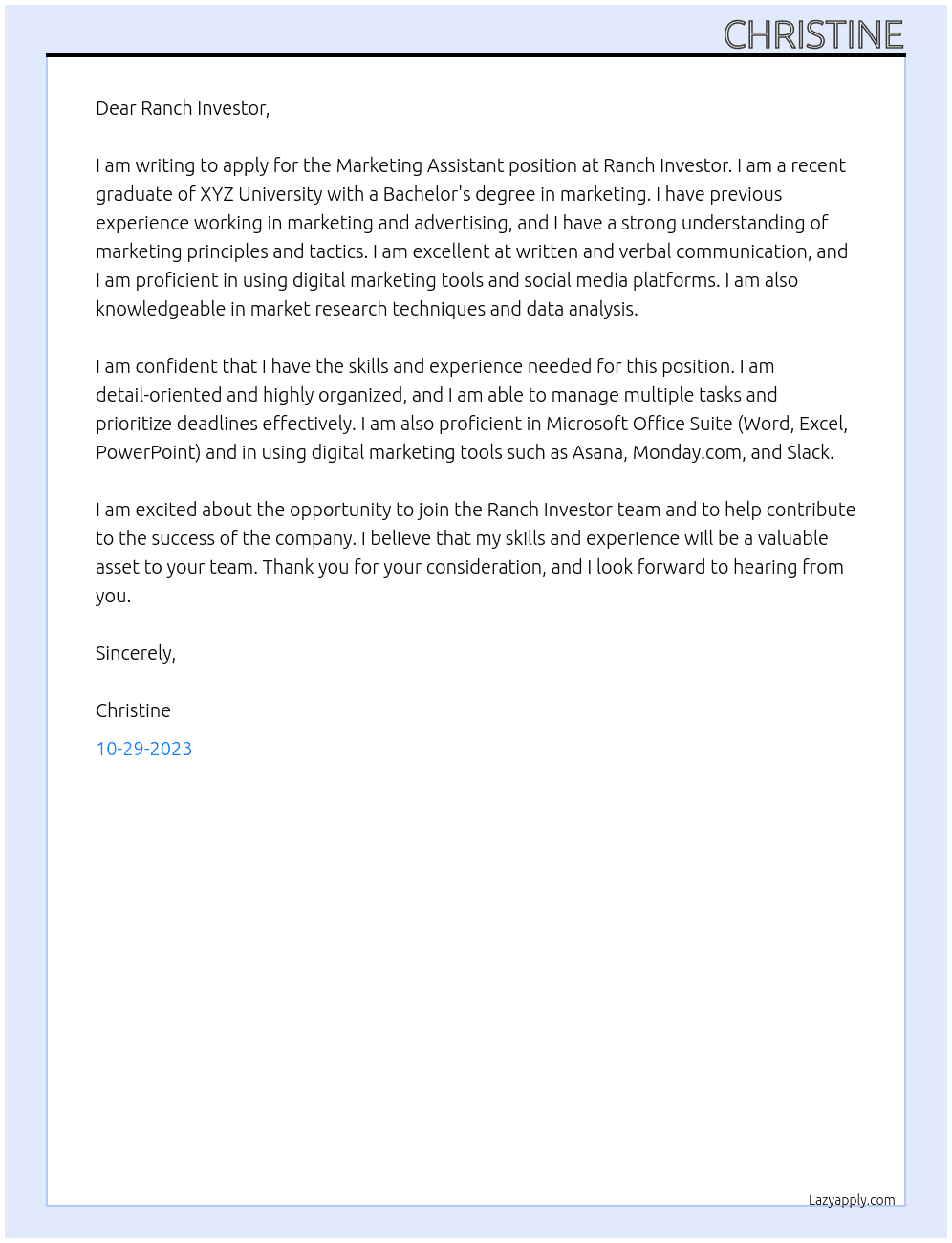 Marketing Assistant At Ranch Investor Cover Letter