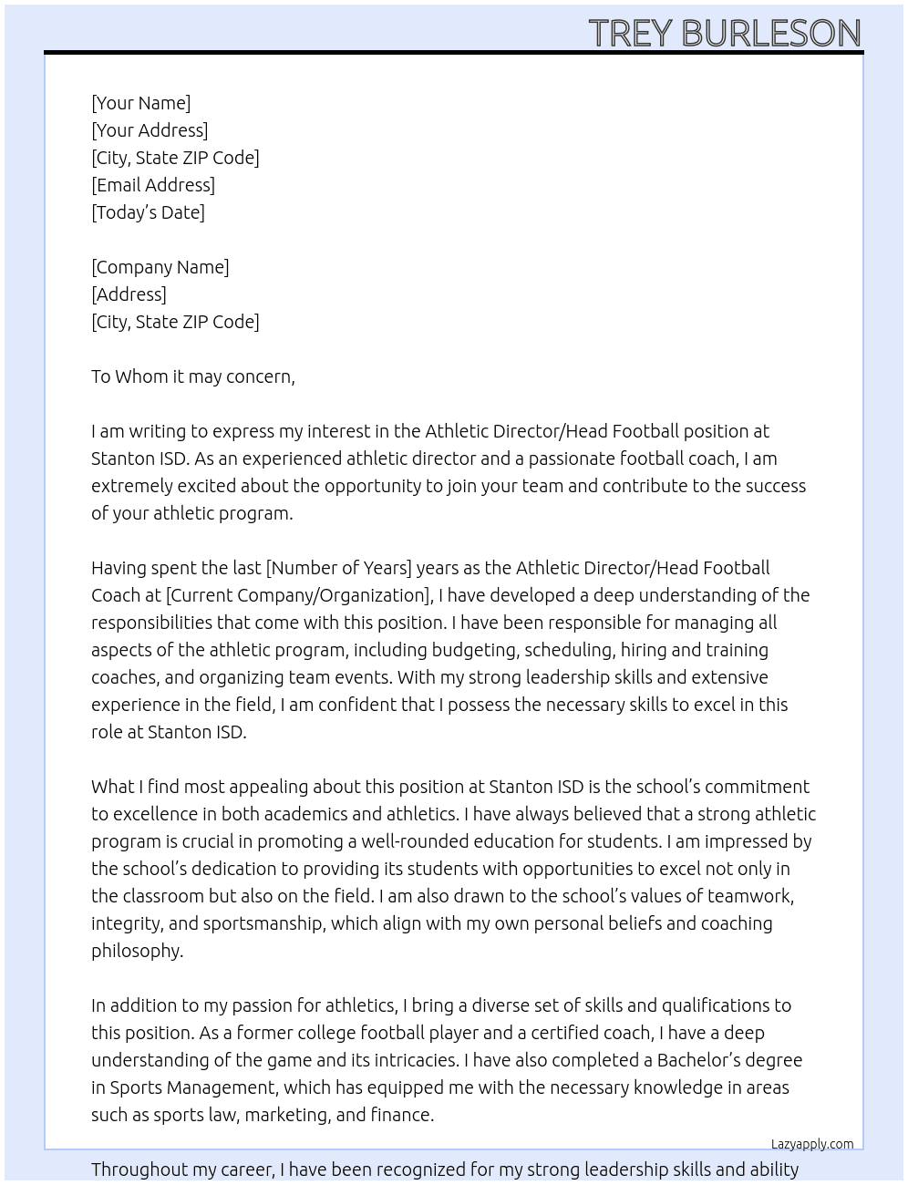 Athletic Director/Head Football At Stanton ISD Cover Letter