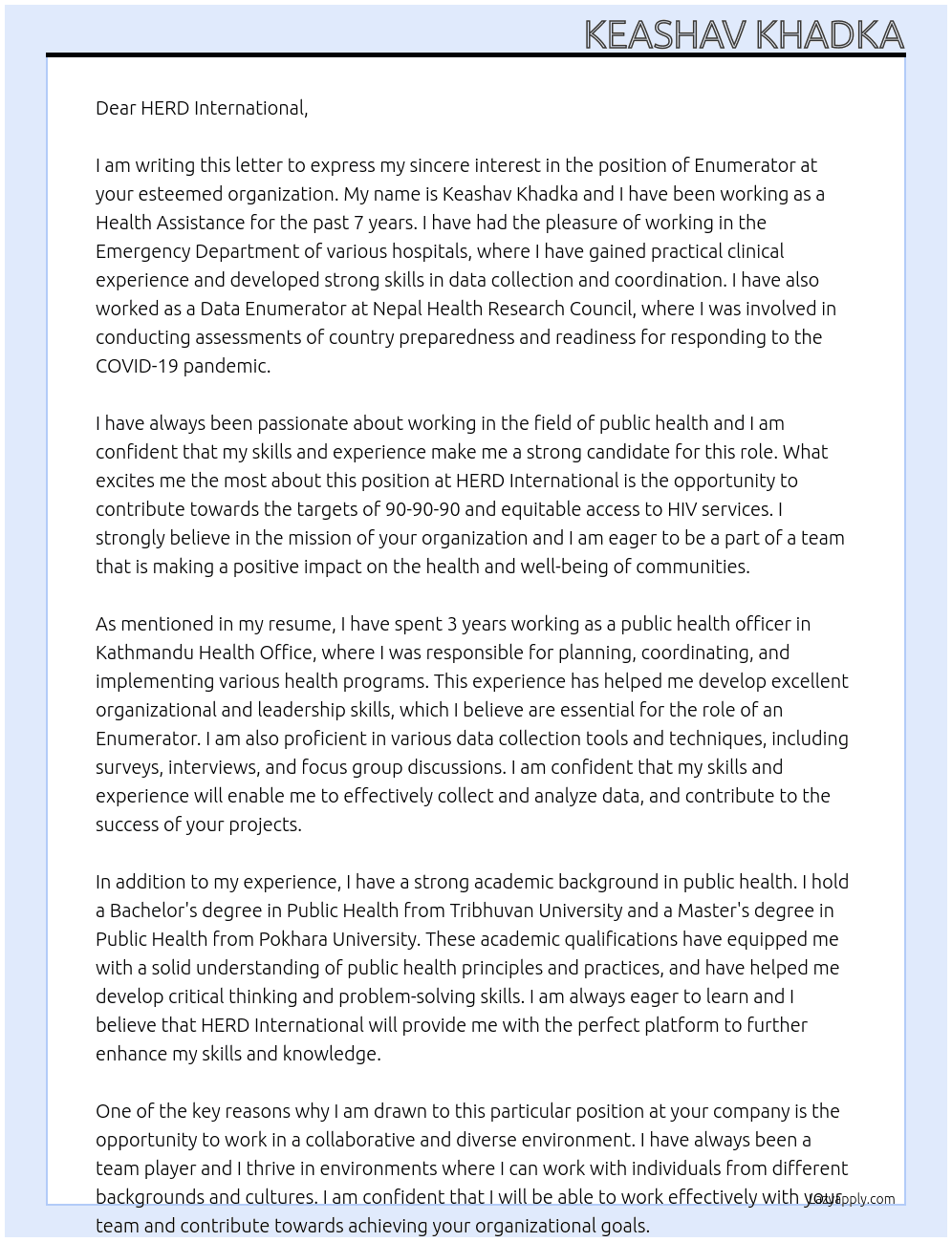 Enumerator At HERD International  Cover Letter