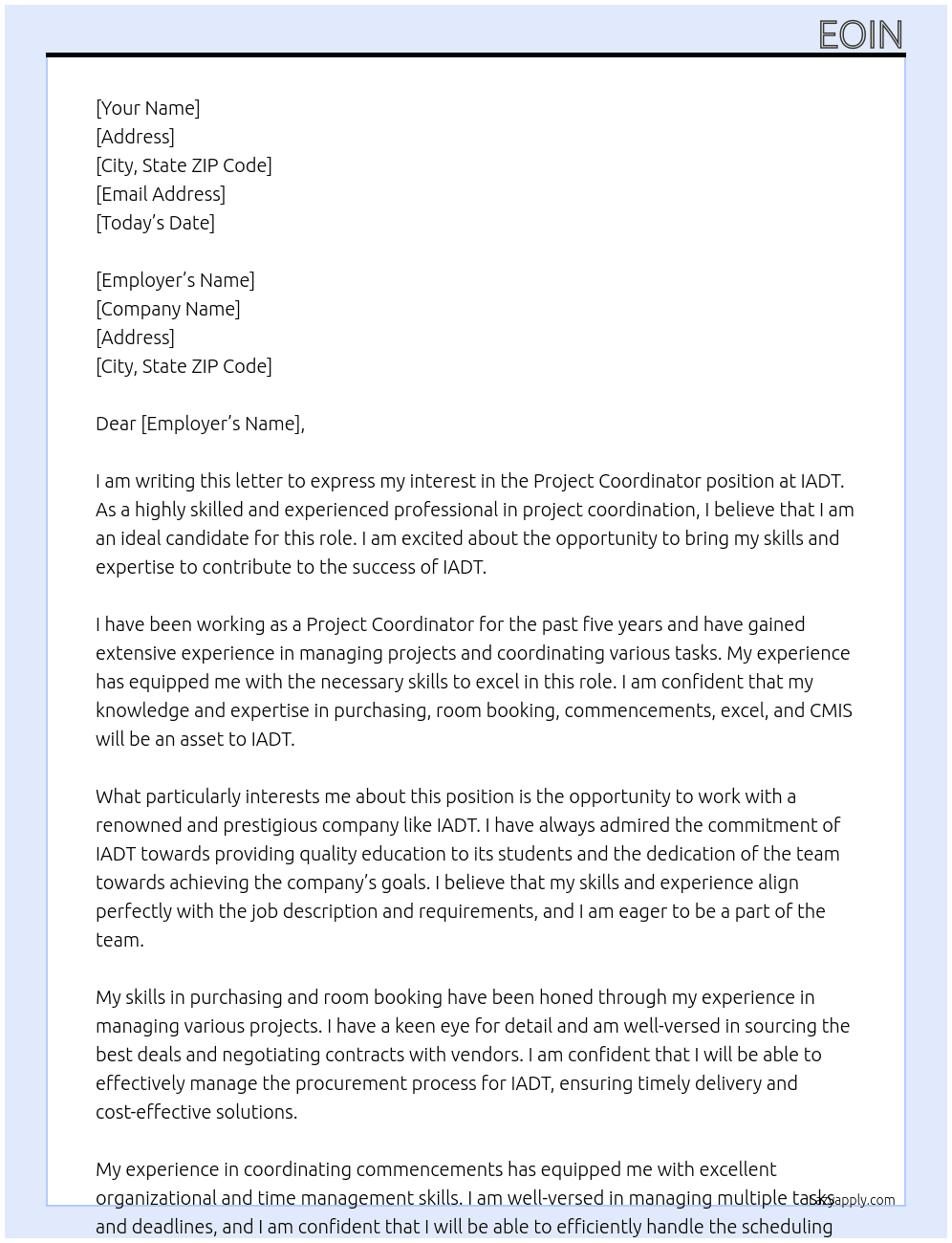 Project coordinator At IADT Cover Letter