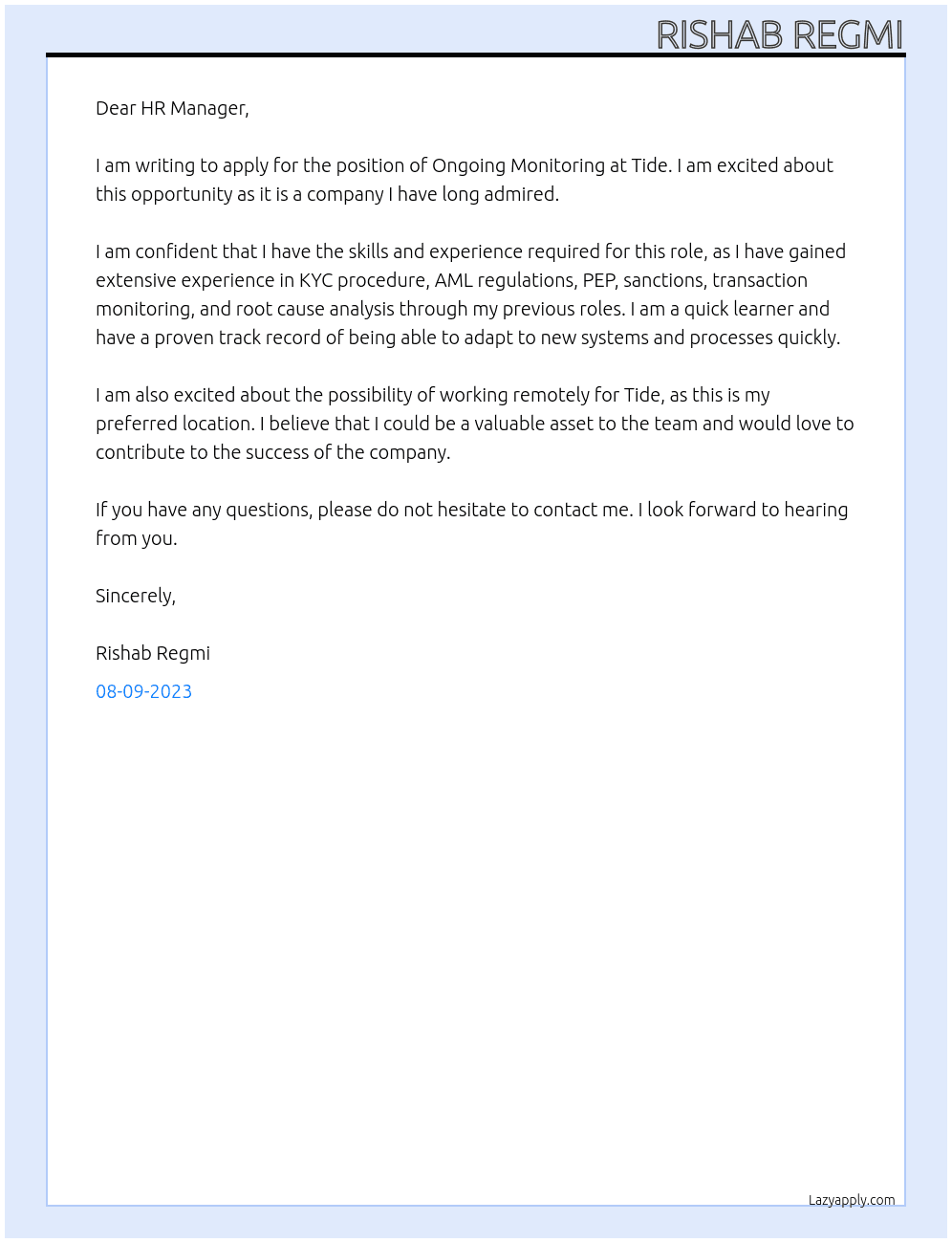 Ongoing Monitoring At Tide Cover Letter