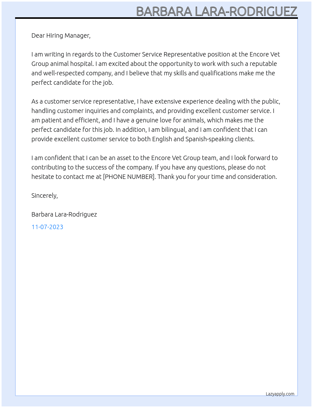 customer service represensative animal hospital At Encore Vet Group Cover Letter