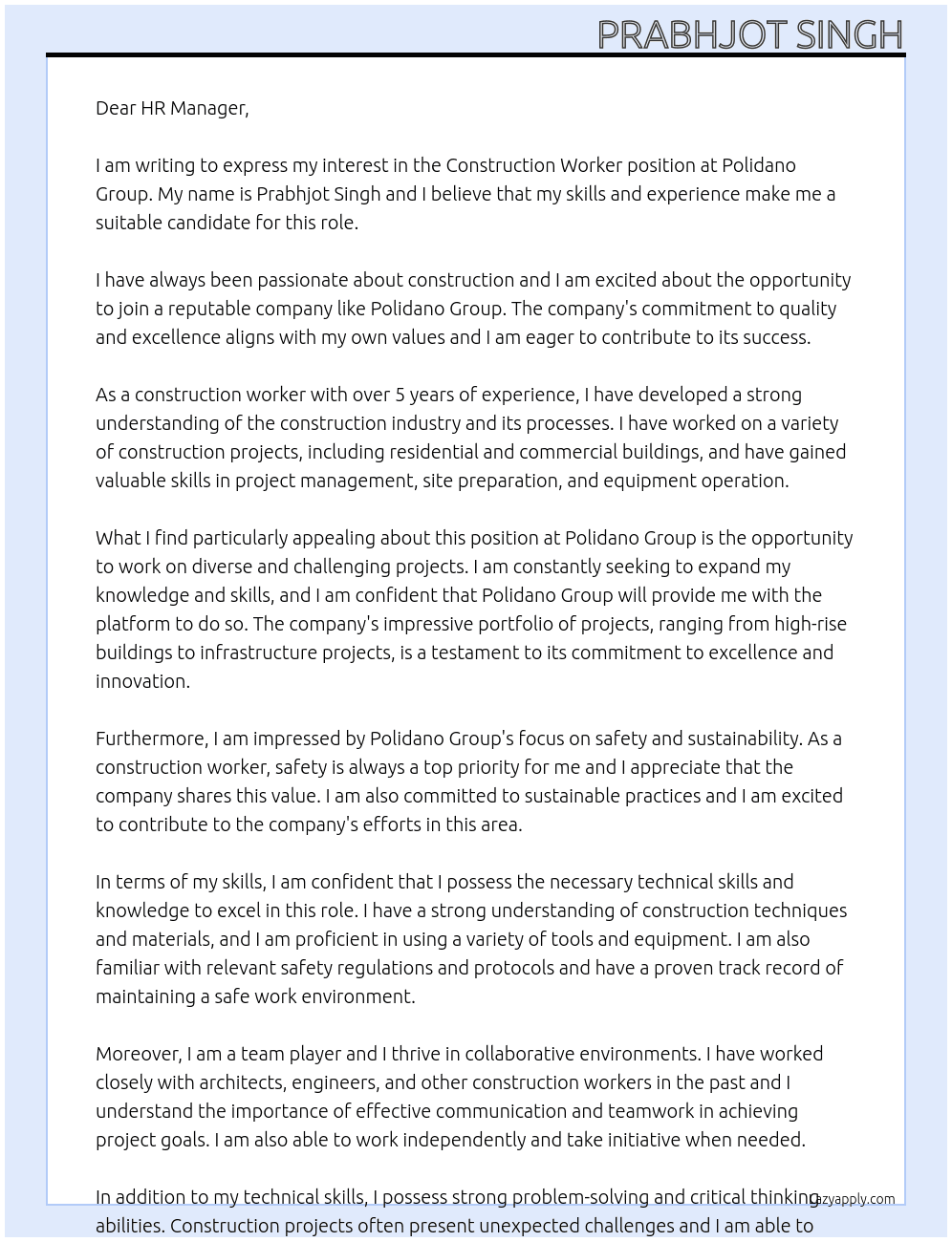 Construction Worket At Polidano Group Cover Letter